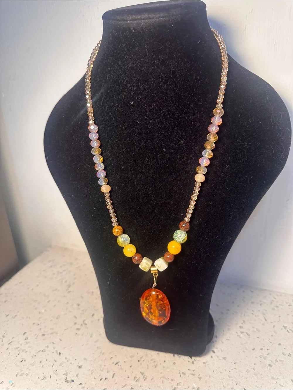 2 Sunset Amber Beaded Pendant Necklaces  - Yellow & Amber